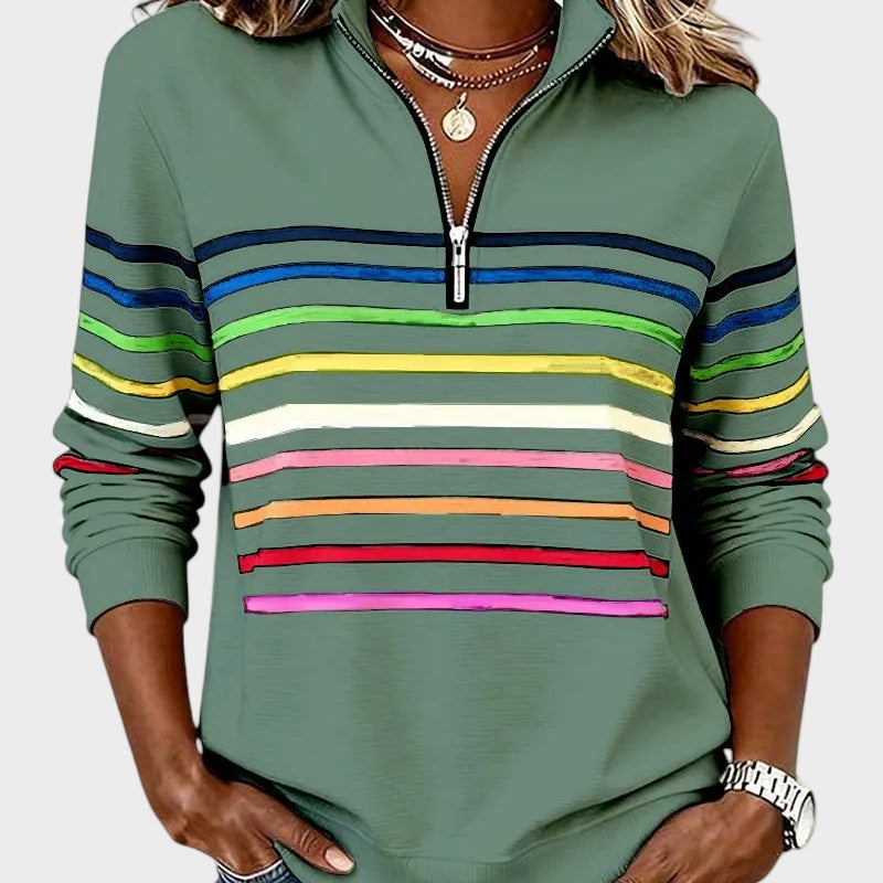 Nicoleta - Hanorac cu fermoar și dungi în culorile curcubeului