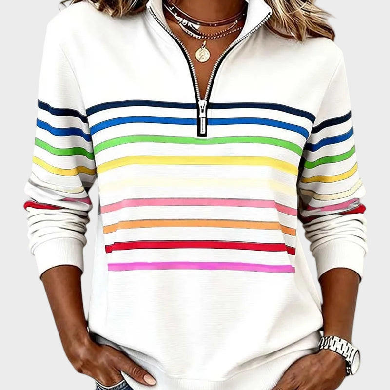 Nicoleta - Hanorac cu fermoar și dungi în culorile curcubeului