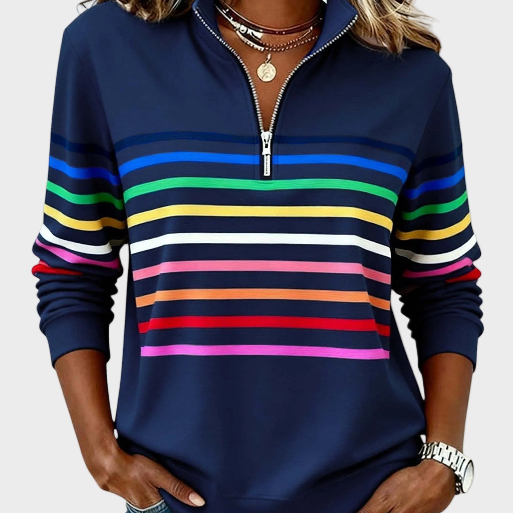 Nicoleta - Hanorac cu fermoar și dungi în culorile curcubeului