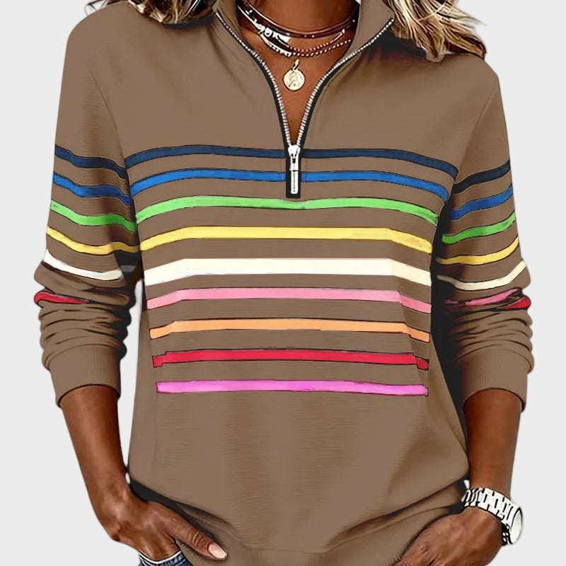 Nicoleta - Hanorac cu fermoar și dungi în culorile curcubeului